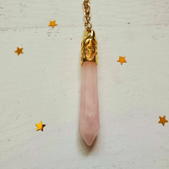Ritual Tool Pendulum for Divination: Rose Quartz Crystal Gold Tassel - Picture 3 of 4